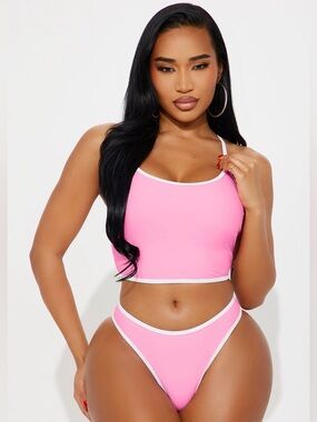 Fashion Nova Pink Bikini Set 2 Piece Tankini Minimal Y2K Beach Vacation Swim NWT